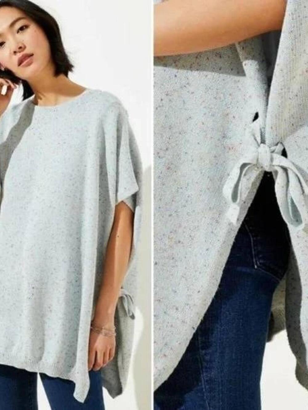 LOFT M/L $70 Light Blue Confetti Speckled Knit Open Tie Side Knit Poncho Sweater